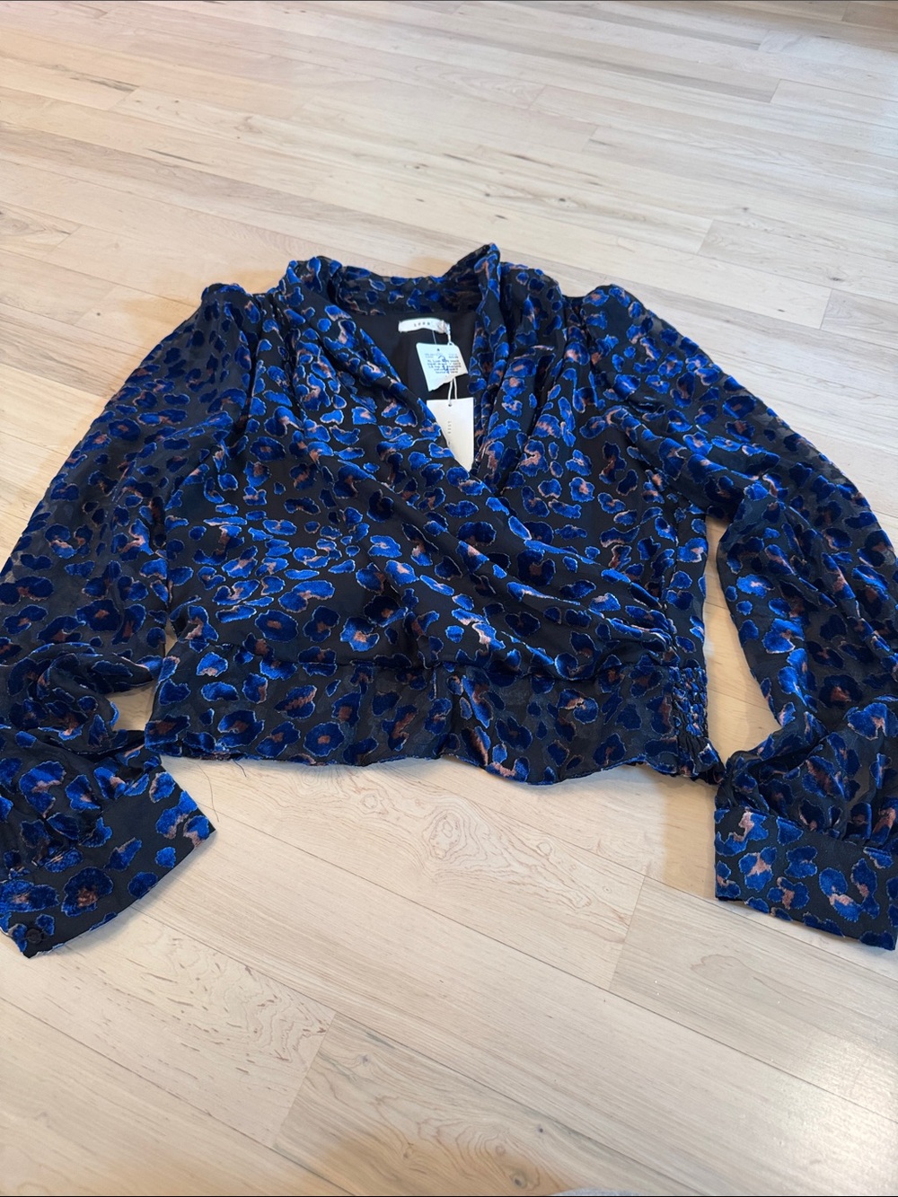 Lush-blouse top shirt-blue and black leopard print wrap-style design-New-XL
